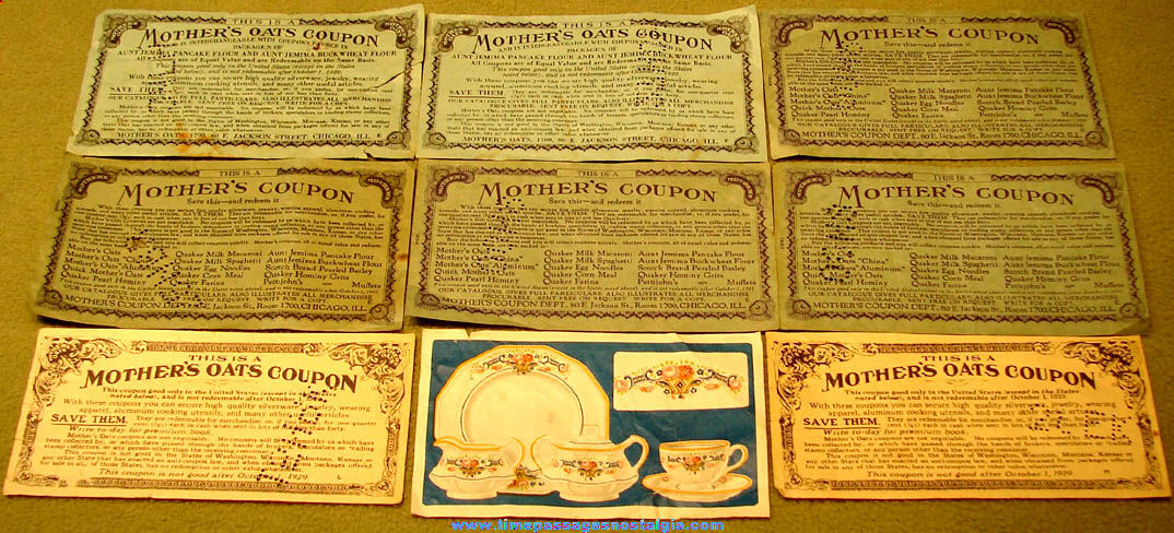 (9) 1920s & 1930s Mother’s Oats Cereal Advertising Premium Coupons