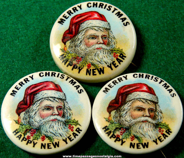(3) Colorful Old Santa Claus Christmas & New Year Celluloid Pin Back Buttons