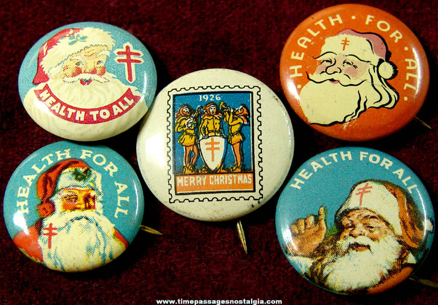 (5) Different Colorful Old Santa Claus Christmas Advertising Tin Pin Back Buttons