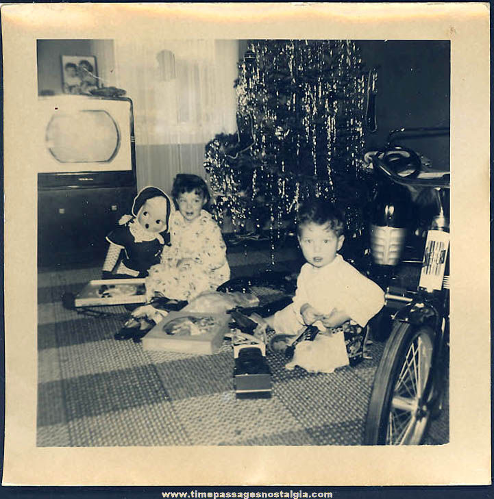 1954 Black & White Christmas Photograph with Children and Toys