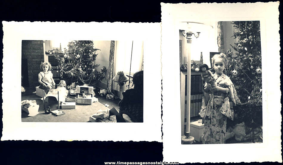 (2) 1940s or 1950s Black & White Christmas Photographs with A Girl and Toys