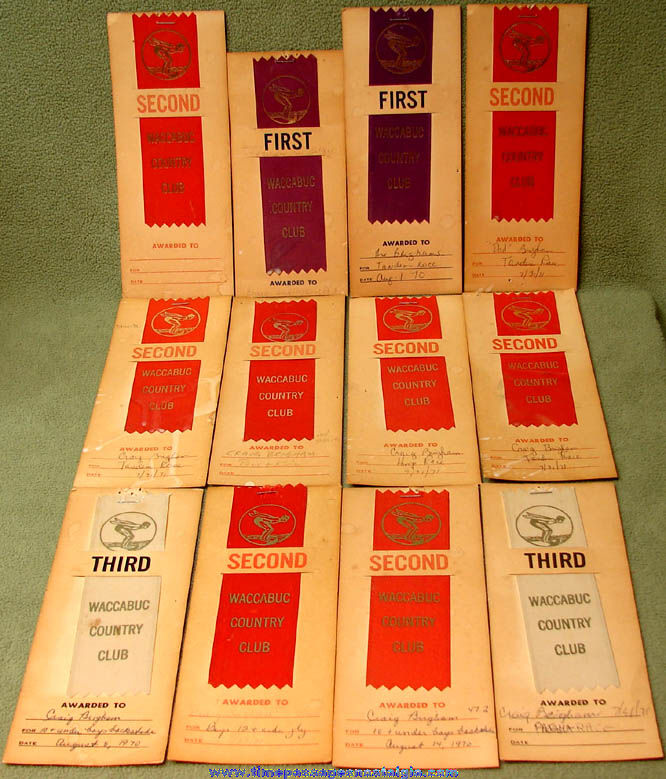 (12) 1970  1971 Waccabuc Country Club New York Swimming Event Award Ribbons