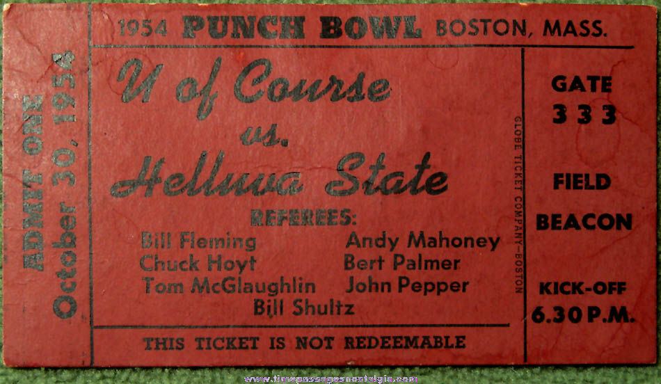 1954 Punch Bowl Boston Massachusetts Football Ticket