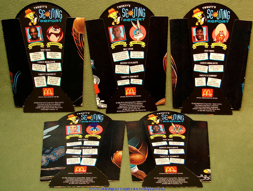 (5) Different Unused 1995 McDonald’s Restaurant Basketball Player & Cartoon Character Advertising French Fry Box Holders