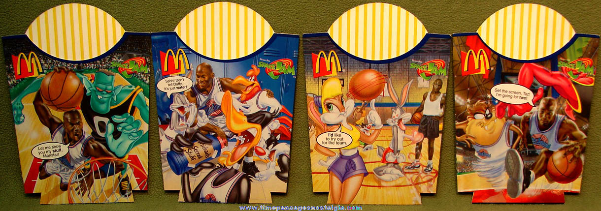 (4) Different Unused ©1996 McDonald’s Restaurant Michael Jordan Basketball Player & Cartoon Character Advertising French Fry Box Holders