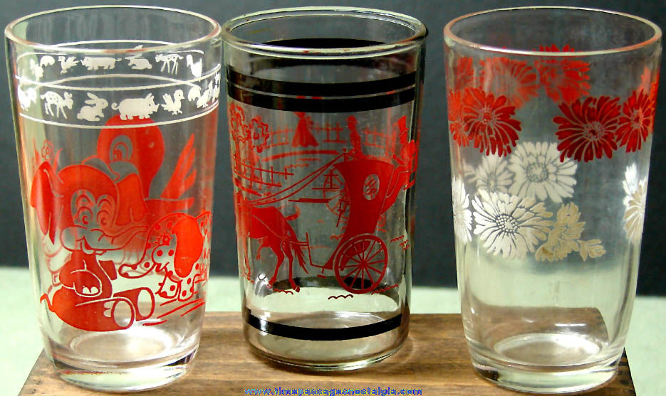 (3) Different Small Old Imprinted Juice Drink Glasses