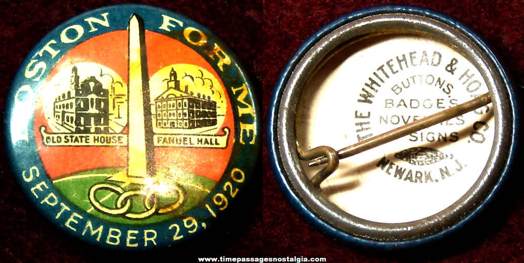 1920 Boston For Me Advertising Souvenir Celluloid Pin Back Button