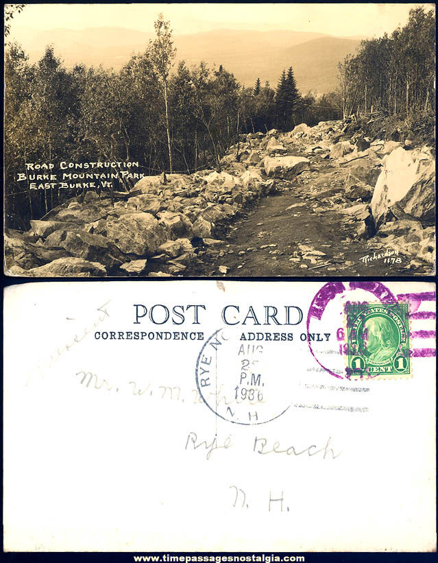 1936 Burke Mountain East Burke Vermont Road Construction Real Photo Post Card