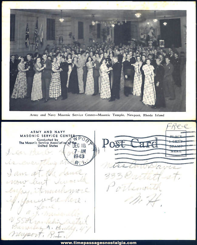 1943 Army & Navy Masonic Service Center Dance Newport Rhode Island Post Card