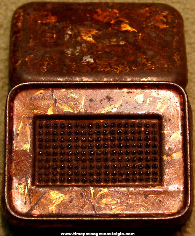 Small Old Hinged Metal Match Safe Holder Box with Embossed Striker