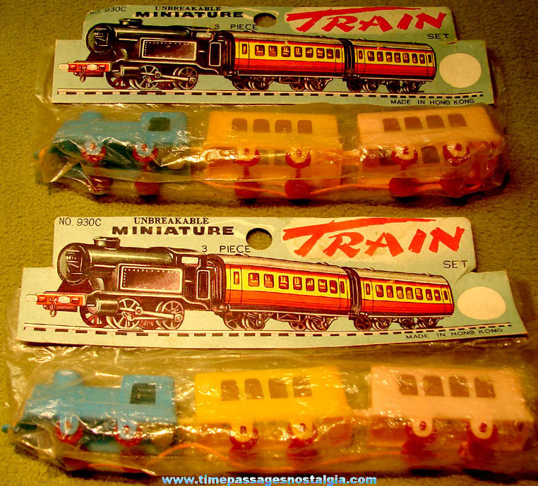 (2) Old Unopened Miniature Three Piece Hard Plastic Train Set Pull Toys