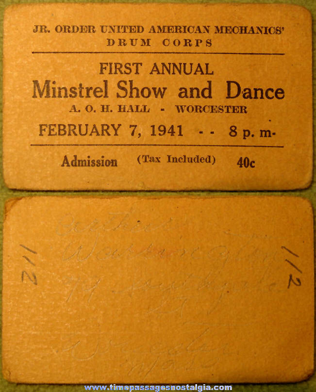 1941 First Annual Minstrel Show and Dance Advertising Ticket