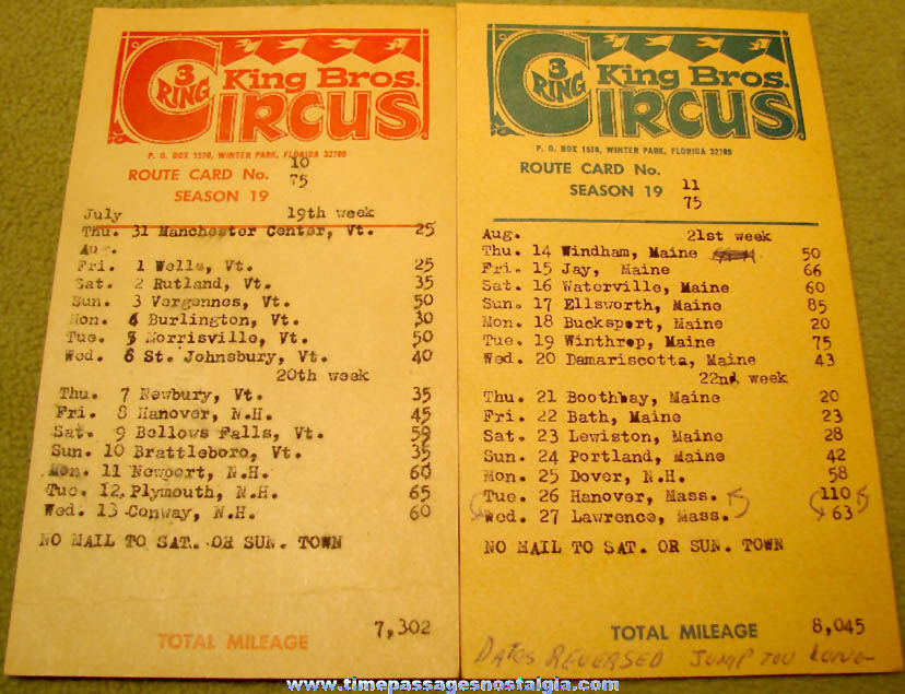 (2) Different 1975 King Brothers 3 Ring Circus Route Cards