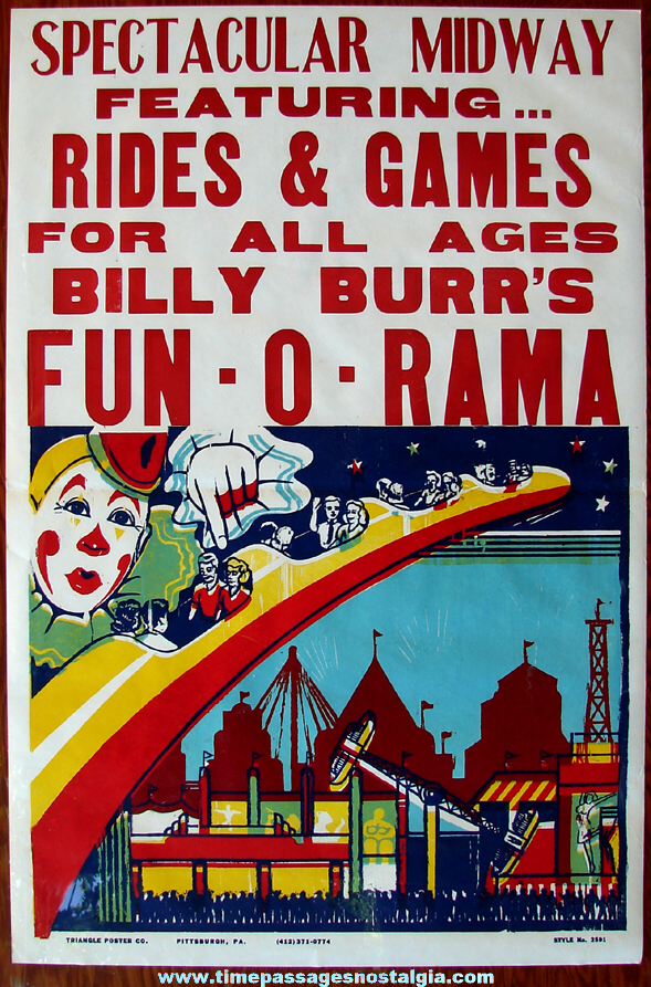 Colorful Old Unused Billy Burr’s Fun - O - Rama Rides & Midway Rochester New Hampshire Fair Advertising Poster