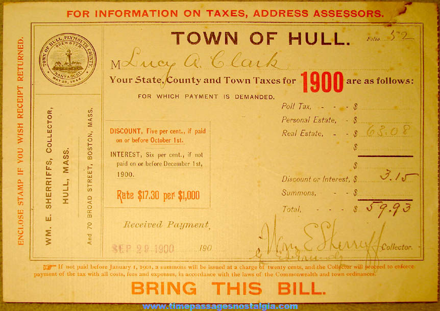 1900 Town of Hull Massachusetts Paid Property Tax Bill Receipt