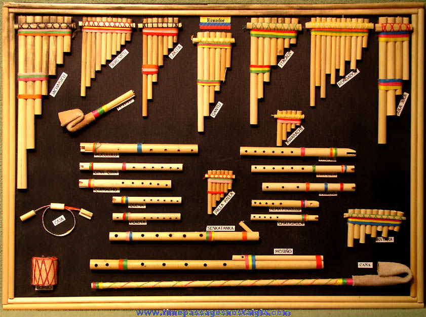 Wooden Display of (26) Miniature Ecuador or South American Flutes or Pan Pipes