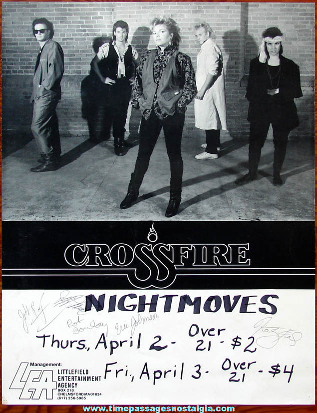 Autographed 1980s Pop Rock Band Crossfire Night Club Advertising Poster