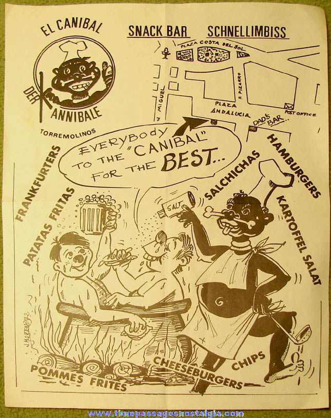 Unusual Old Torremolinos Spain Black Canibal Snack Bar Restaurant Advertising Flyer