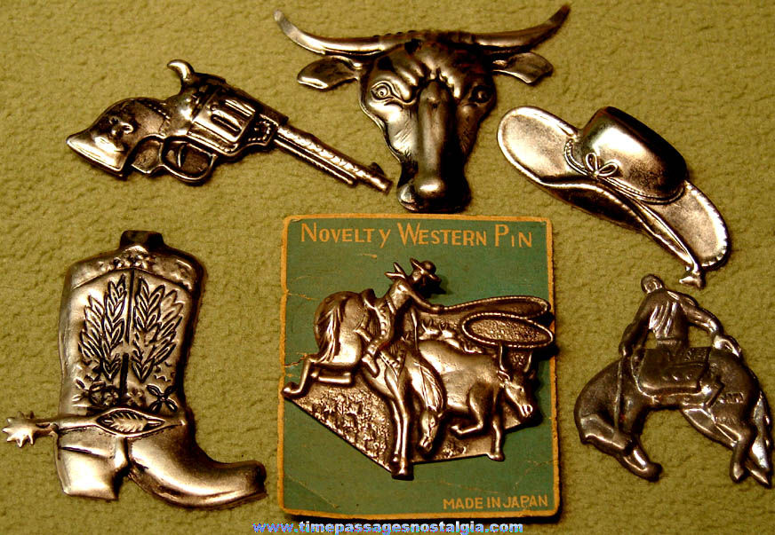 (6) Different Old American Western or Cowboy Embossed Tin Novelty Jewelry Badge Pins
