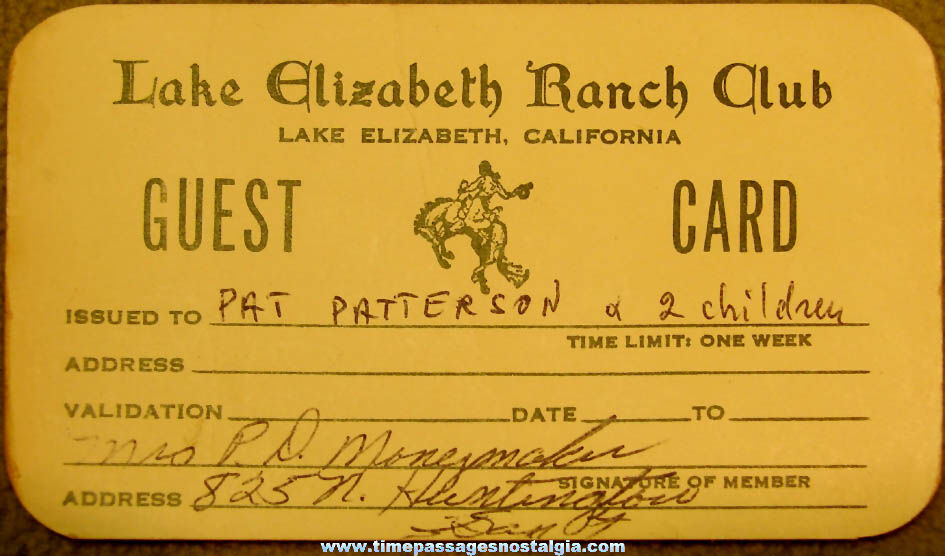 Old Lake Elizabeth California Ranch Club Advertising Guest Identification Card