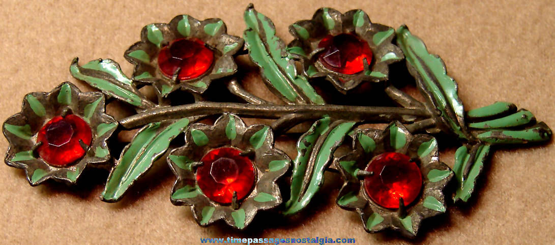 Old Painted Metal Flower Jewelry Brooch Pin With Stones
