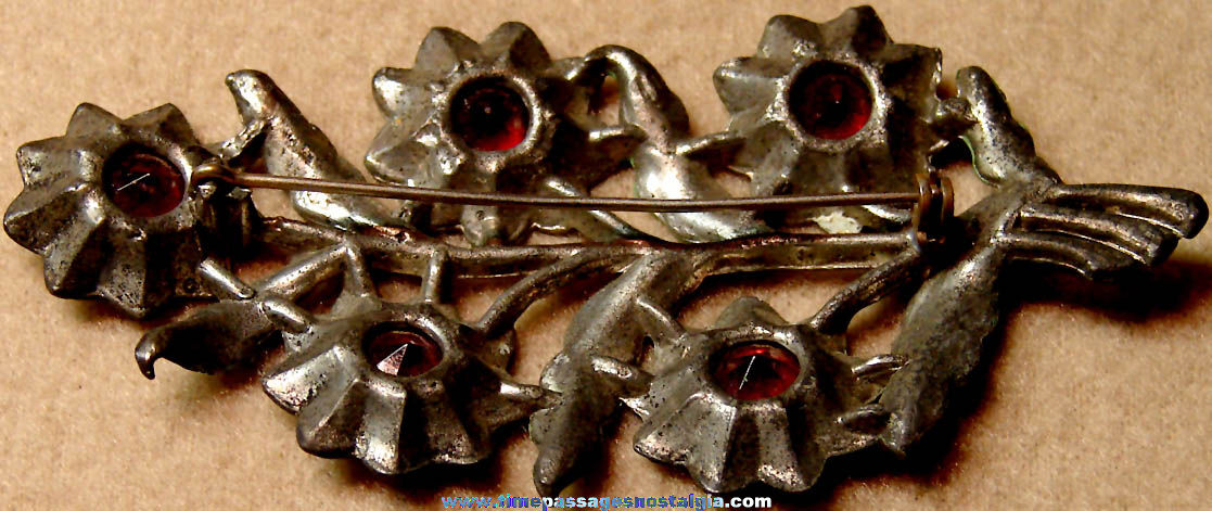 Old Painted Metal Flower Jewelry Brooch Pin With Stones