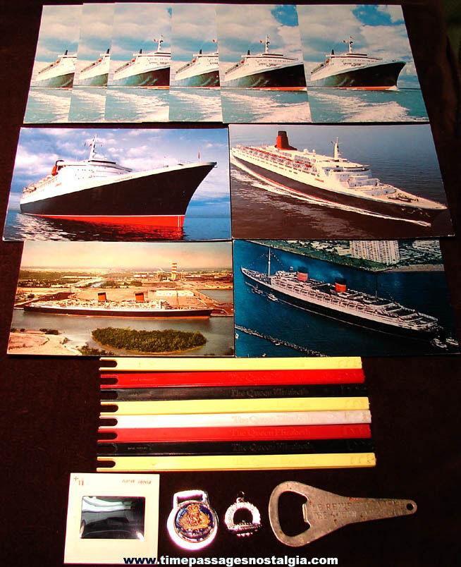 (22) Old RMS Queen Elizabeth & Queen Elizabeth II Ship Advertising and Souvenir Items