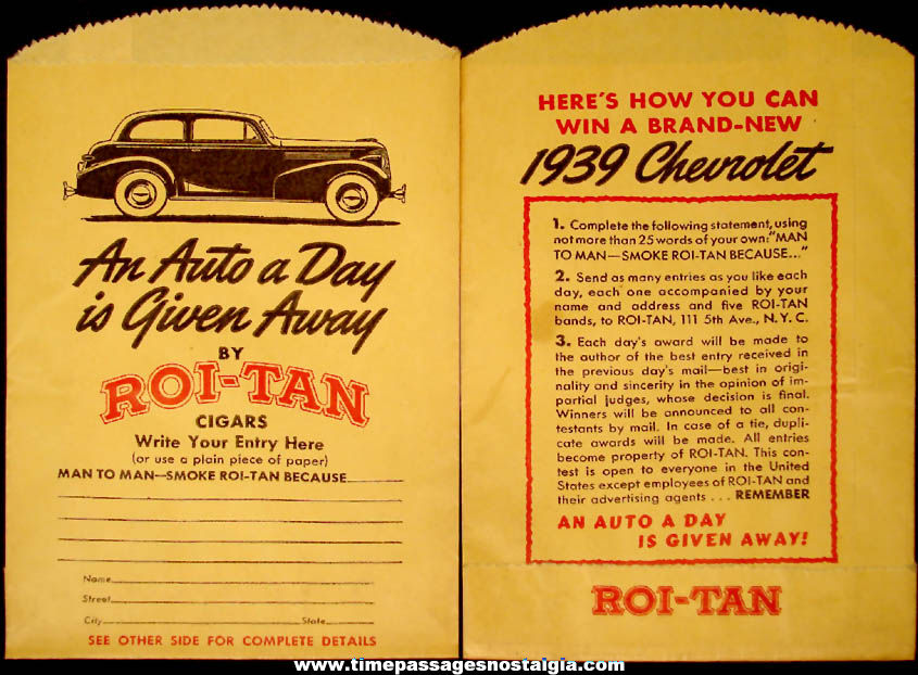 (6) Unused 1939 Roi-Tan Cigar & Chevrolet Automobile Contest Advertising Paper Bags