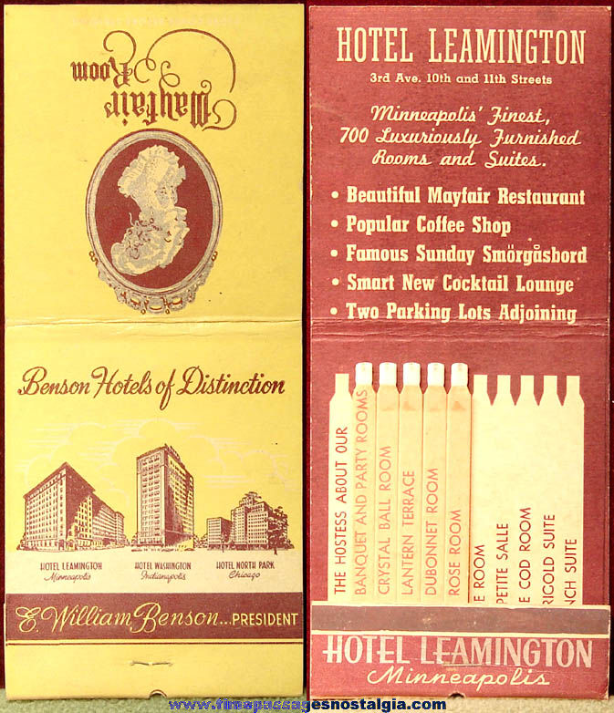 Old Oversized Hotel Leamington Minneapolis Minnesota Advertising Match Book Cover