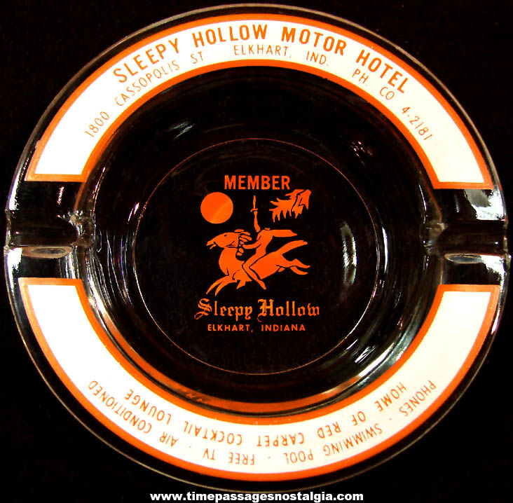 Old Sleepy Hollow Motor Hotel Elkhart Indiana Advertising Glass Cigarette Ash Tray