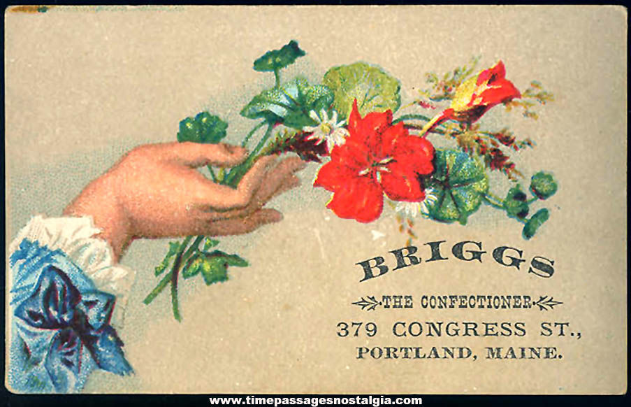 Colorful 1800s Briggs Confectioner Portland Maine Hand & Flowers Business Card
