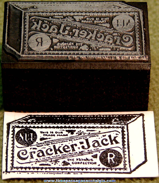 Early Cracker Jack Pop Corn Confection Advertising Box Metal & Wood Print Block