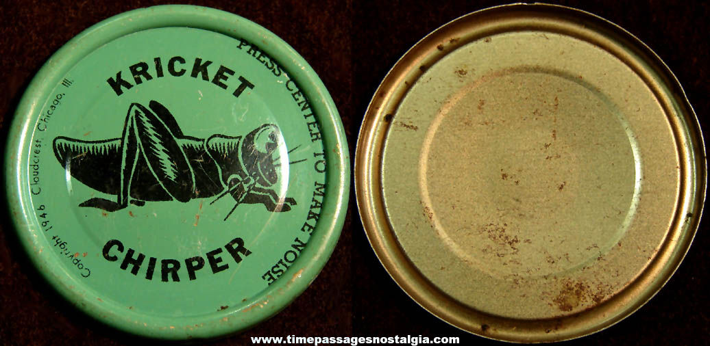 ©1946 Cracker Jack Pop Corn Confection Kricket Chirper Lithographed Tin Clicker Novelty Toy Prize