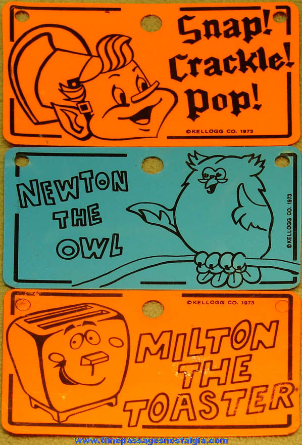 (3) Different ©1973 Kellogg’s Cereal Advertising Character Toy Prize License Plates