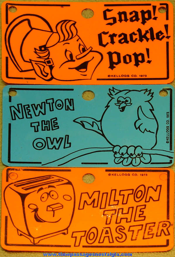 (3) Different 1973 Kellogg’s Cereal Advertising Character Toy Prize License Plates