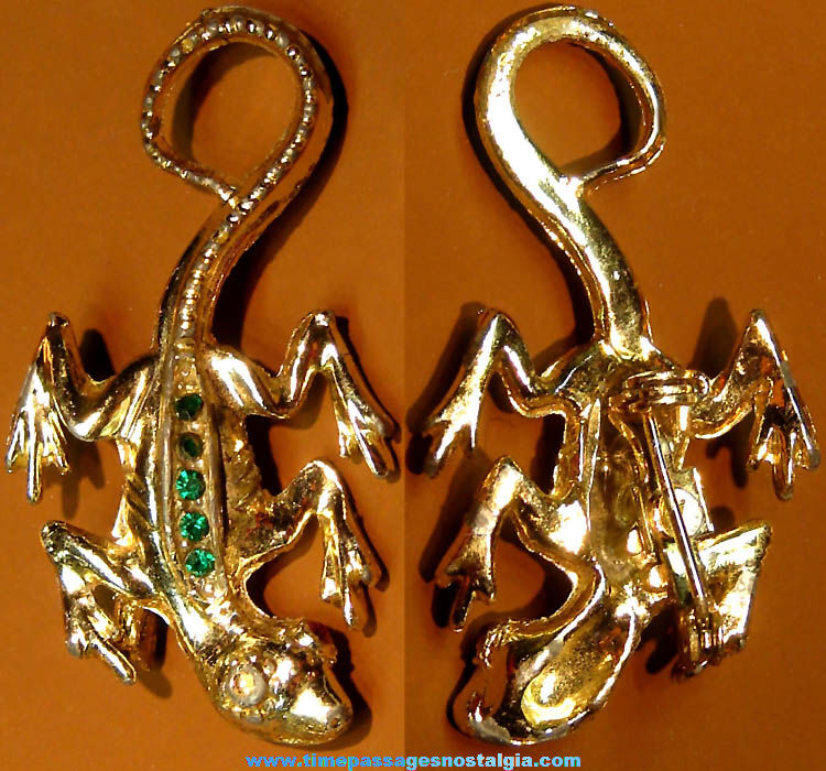 Small Old Metal Lizard Animal Figurine Jewelry Pin with Stones
