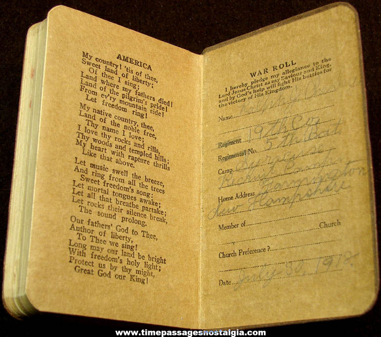 1918 World War I United States Army Soldier American Standard New Testament Pocket Bible