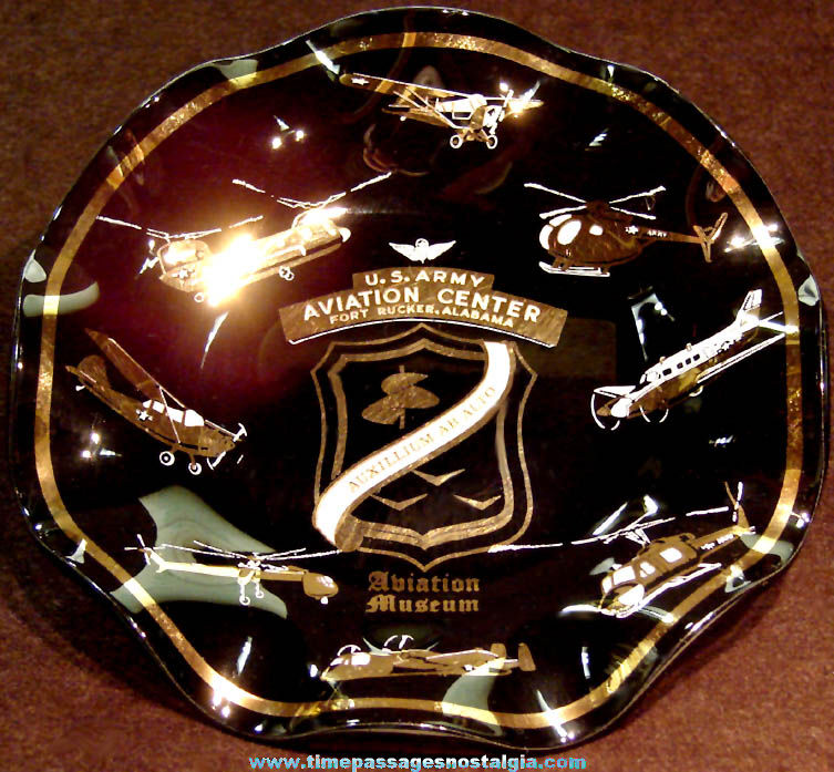 Old United States Army Aviation Center Fort Rucker Alabama Advertising Souvenir Black Glass Tray
