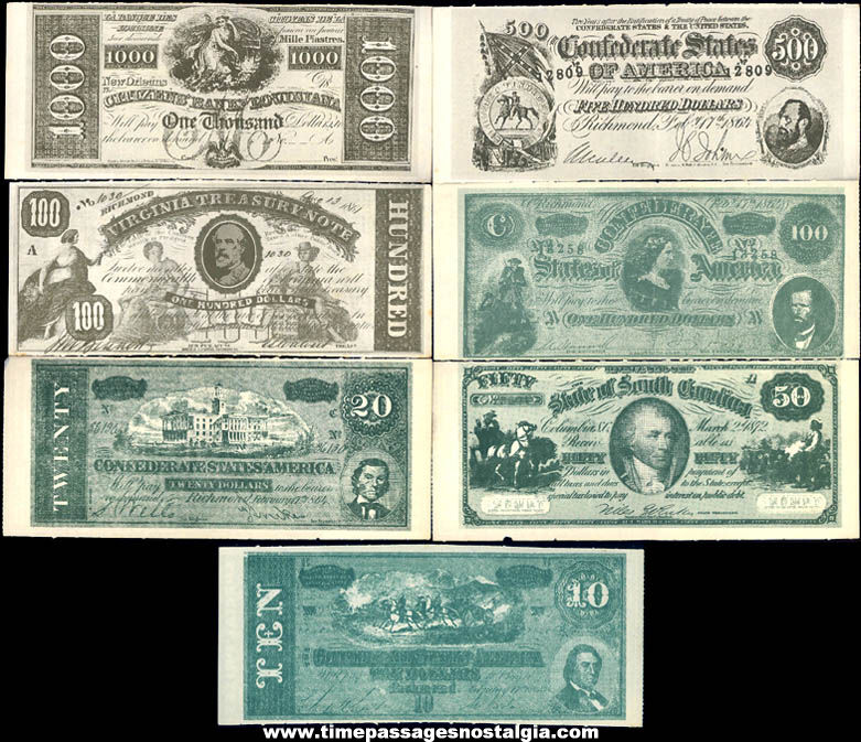 (7) Different 1964 Confederate Currency Contest Money Game Pieces