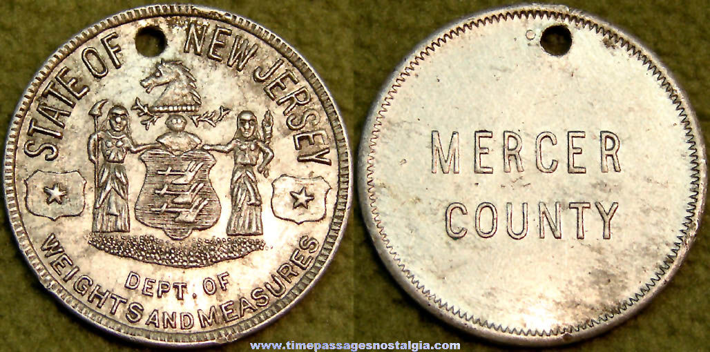 Old State of New Jersey Mercer County Weights & Measures Advertising Metal Token Coin Tag