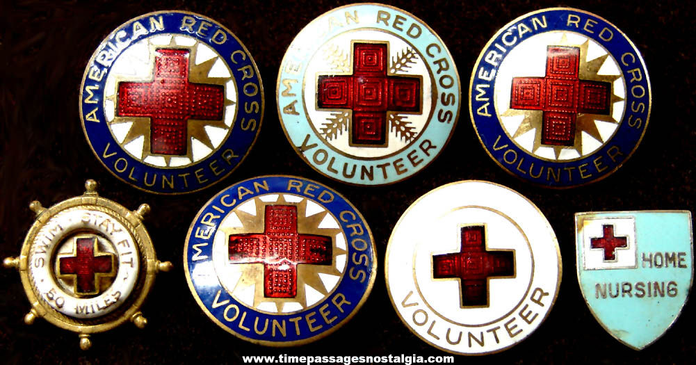 (7) Colorful Old Enameled American or International Red Cross Advertising Badge Pins