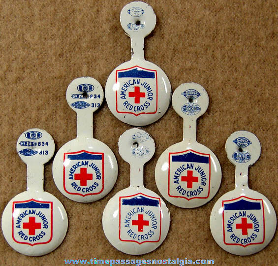 (6) Small Old American Junior Red Cross Advertising Tin Tab Buttons