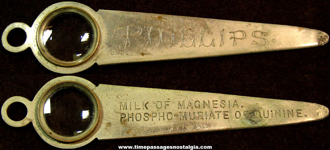 Old Phillips Milk of Magnesia Advertising Premium Metal Letter Opener with Magnifying Glass