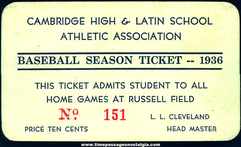 1936 Cambridge High & Latin School Athletic Association Baseball Season Ticket