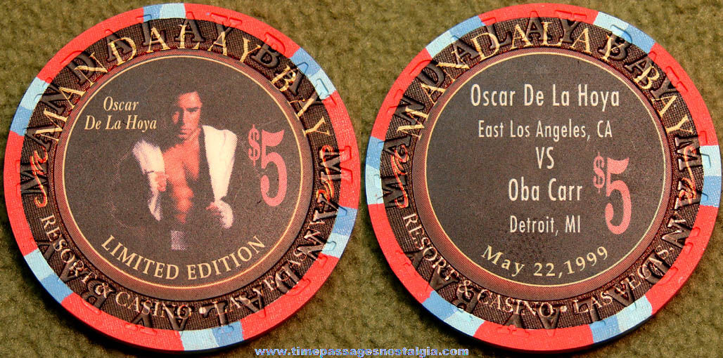 1999 Oscar De La Hoya vs Oba Carr Mandalay Bay Casino Advertising Souvenir $5.00 Poker or Gambling Chip
