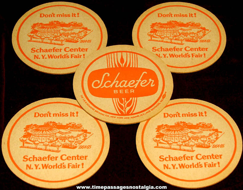 (5) Unused 1964 - 1965 New York World’s Fair Schaefer Beer Exhibit Advertising Coasters