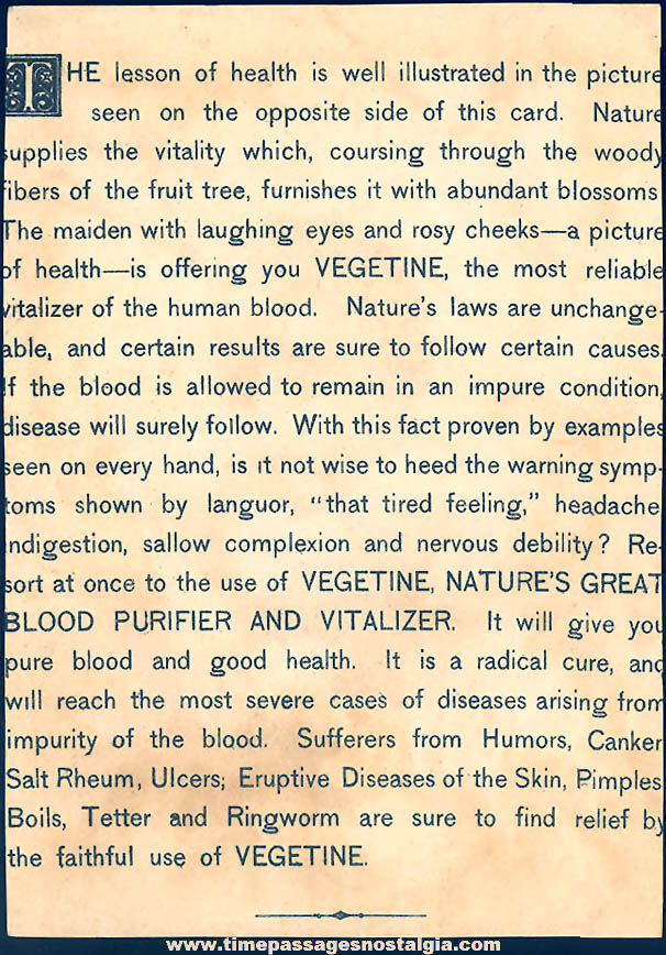 Colorful Old Vegetine Blood Purifier Victorian Advertising Trade Card