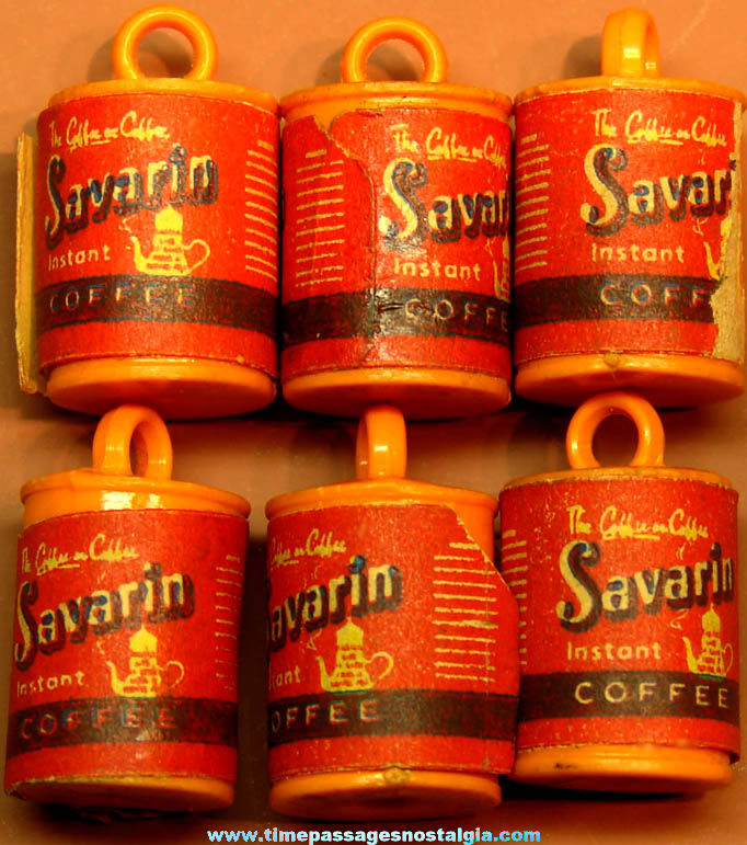 (6) Old Savarin Instant Coffee Advertising Gum Ball Machine Toy Prize Can Charms