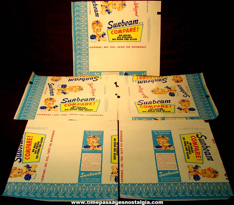 (5) Colorful Old Unused Sunbeam Bread Advertising Wrappers