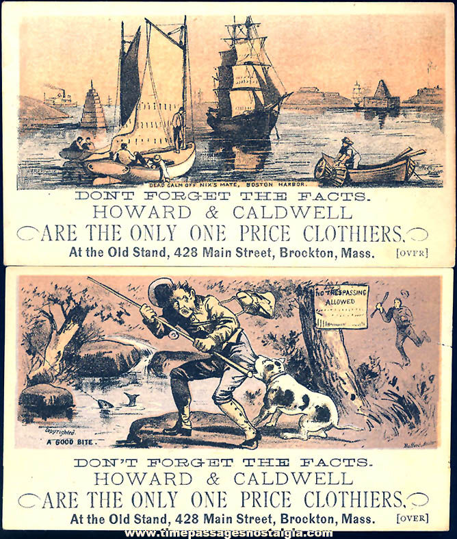 (2) Different Howard & Caldwell Clothiers Victorian Advertising Trade Cards